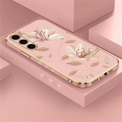 S24 Plating Case For Samsung Galaxy S23 Ultra S22 Plus S23 FE S20 S21 S10 Soft Silicone Pattern Flower Cover Coque