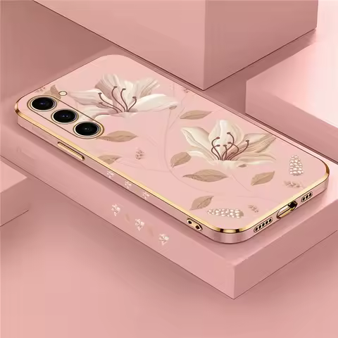 S24 Plating Case For Samsung Galaxy S23 Ultra S22 Plus S23 FE S20 S21 S10 Soft Silicone Pattern Flower Cover Coque