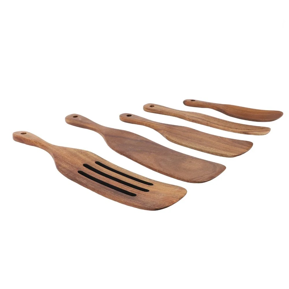 5Pcs Wood Cooking Spatula Smooth Polished Solid Kitchen Turner Thin Flat Spatula Head Heat Insulation Feature Stirring Spatula