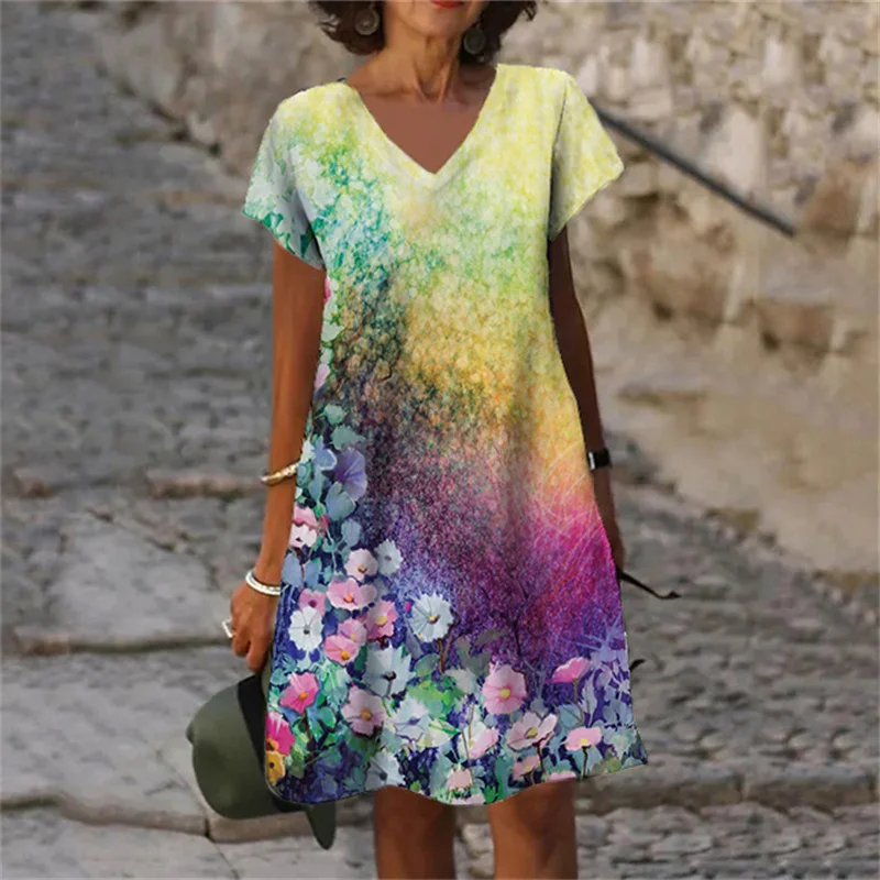Plant Flowers Tie Dye Gradient Print Women Dress Casual V-Neck Short Sleeve A-Line Dresses Summer 2023 New Oversized Clothing