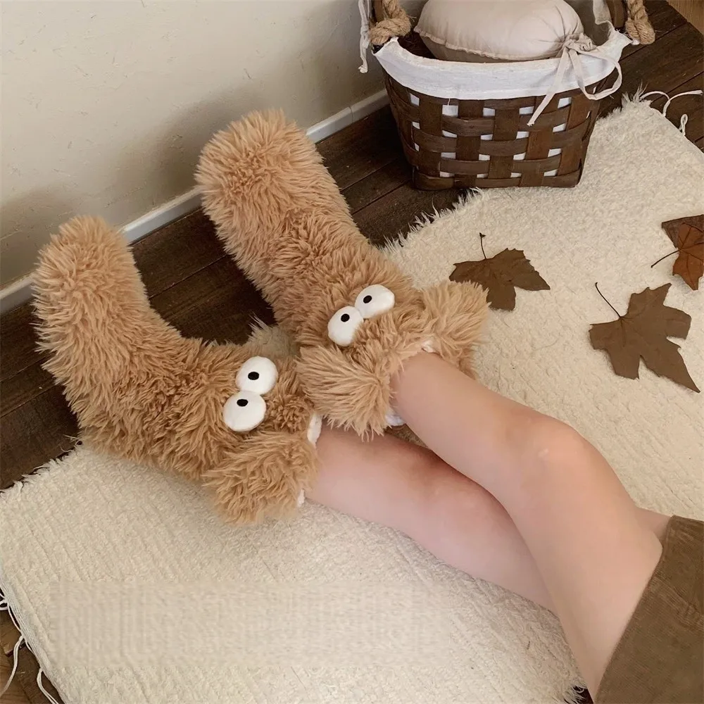 Funny Big Eyes Slipper Socks with Puppy Ears Cartoon Thickened Non-slip Floor Socks Hosiery Mid-Calf Coral Fleece Socks Gifts