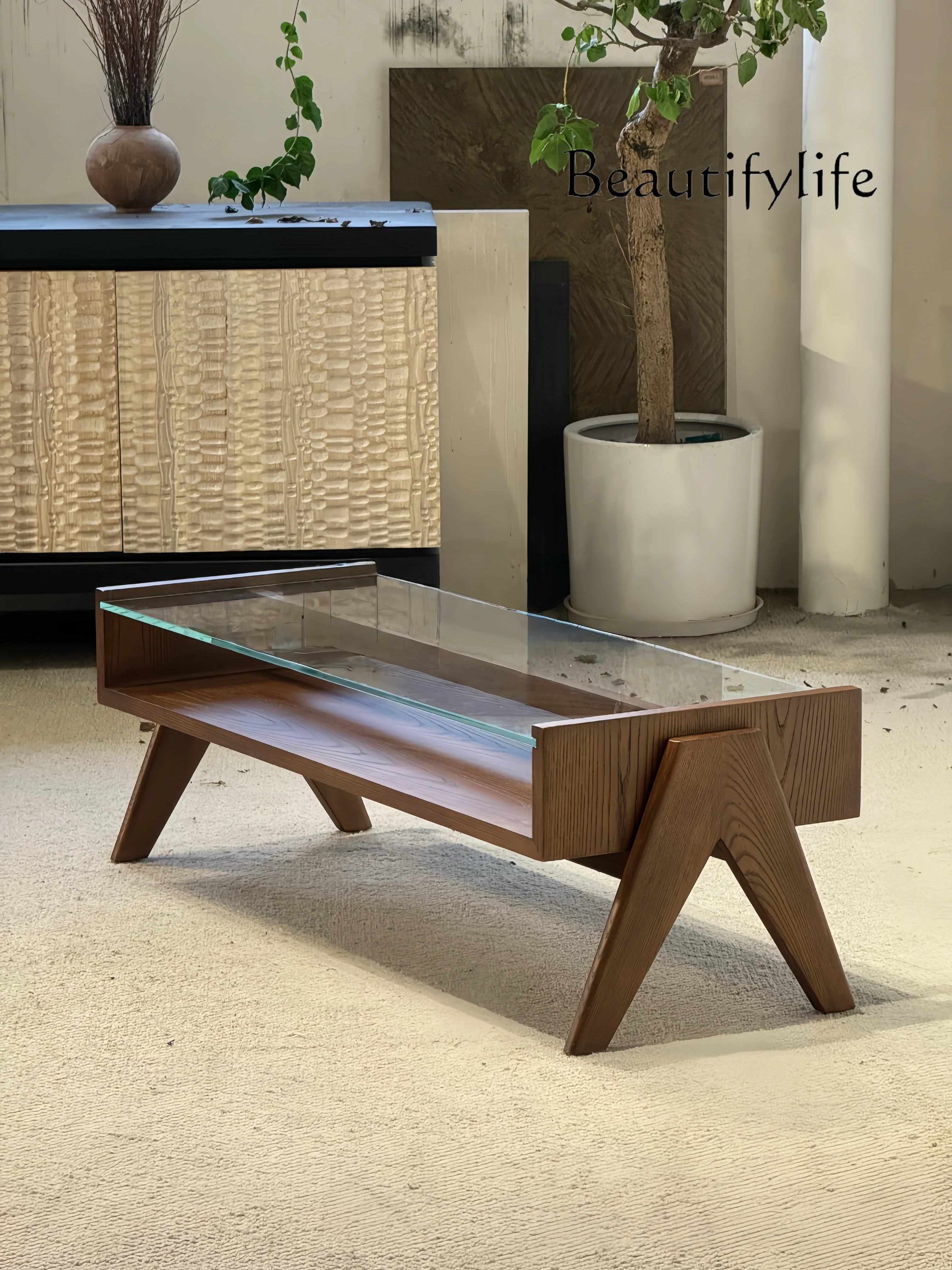 

BJ Medieval Style Solid Wood Coffee Table Designer Home Living Room Rectangular Glass Coffee Table