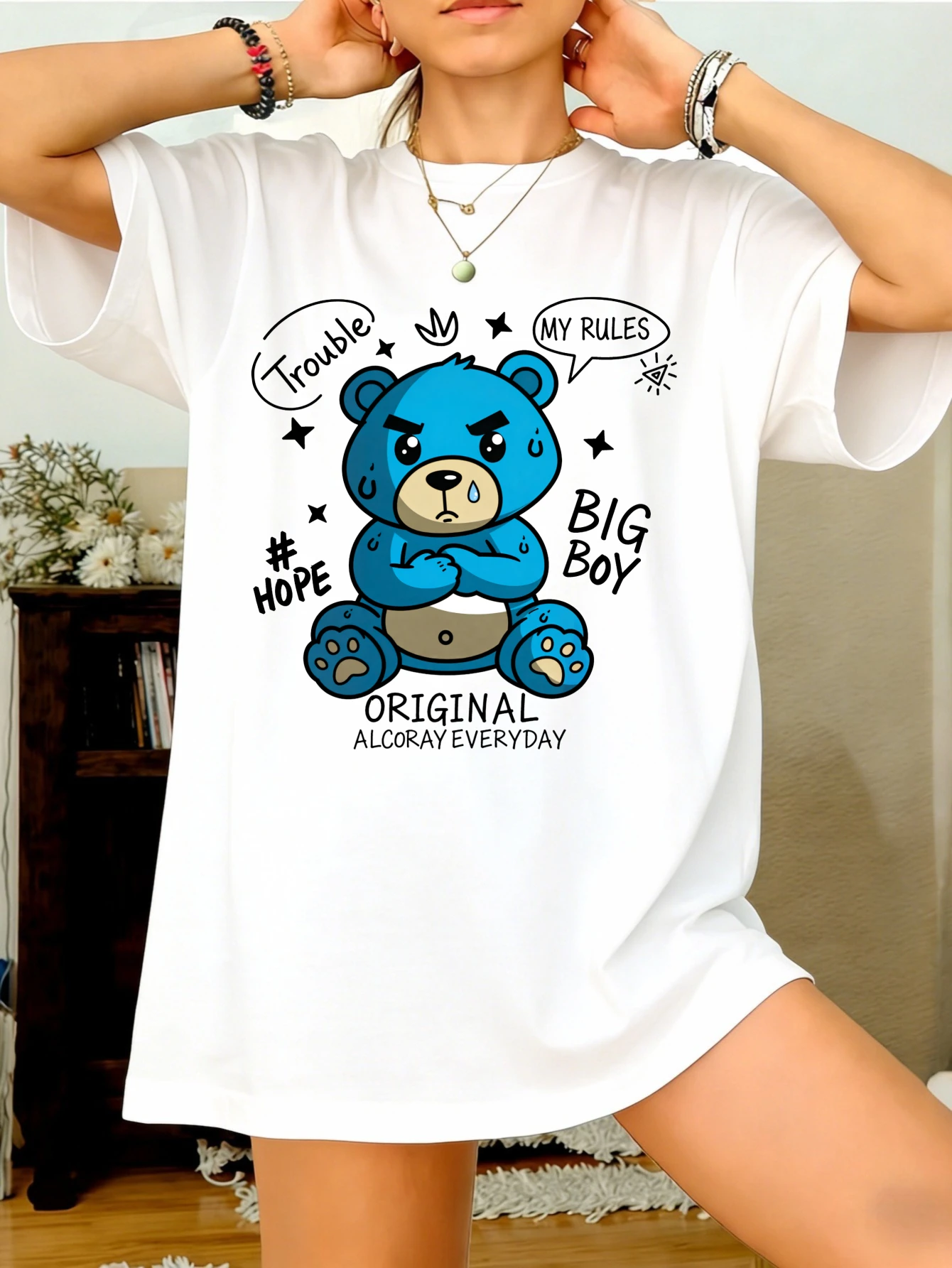 

Womens Casual Short Sleeve Oversized Cotton Funny Cartoon Blue Angry Bear Graphic Printed Streetwear Summer T Shirt