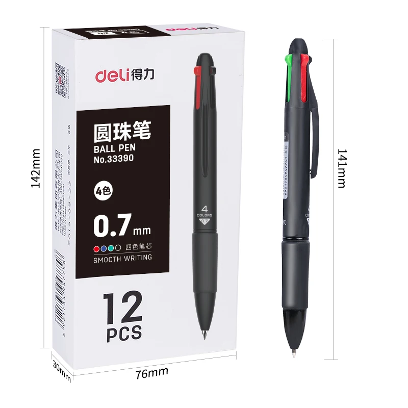 DELI-Stylo à bille coloré 4 en 1, recharge d'encre 0.7mm, fournitures scolaires et de bureau, bleu, noir, rouge, vert, 12 pièces par lot