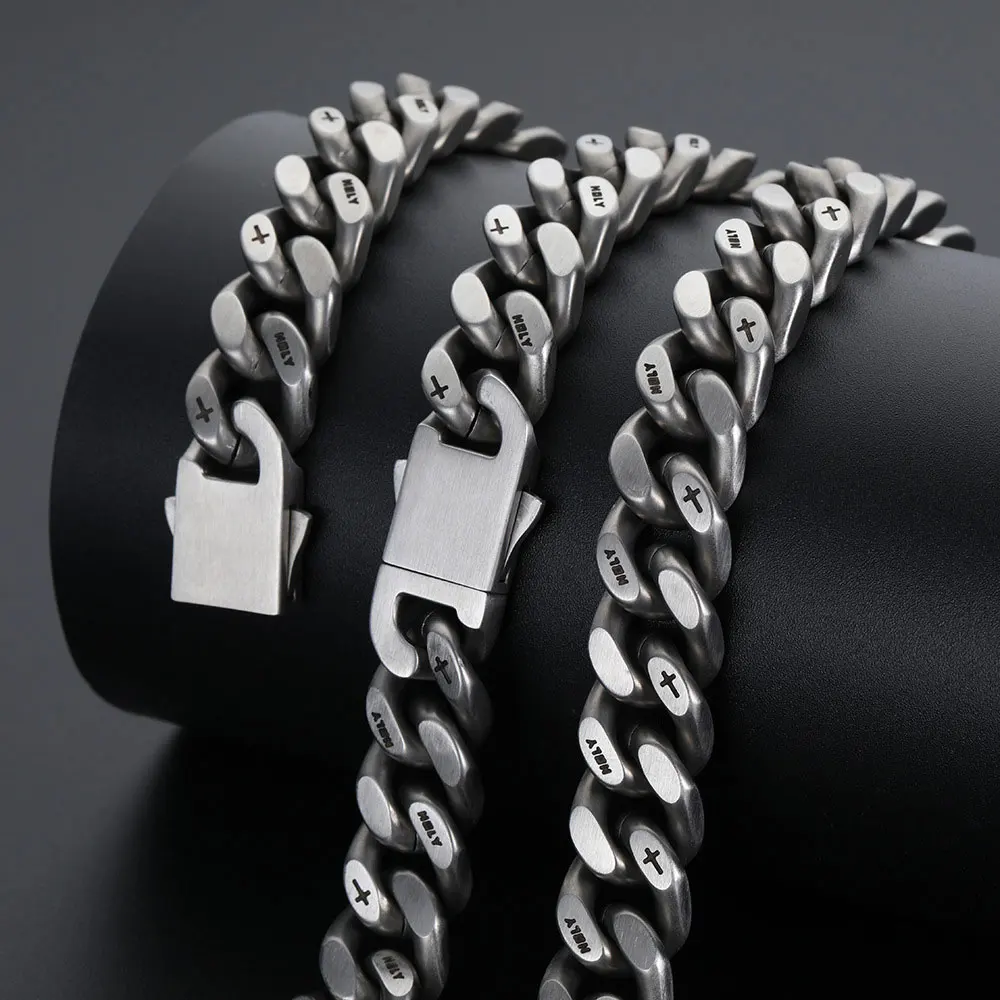 13mm Thick Cuban Link Men Necklace with Corss Matte Black Logo Chain Hip Hop Stainless Steel Necklace Bracelet for Man