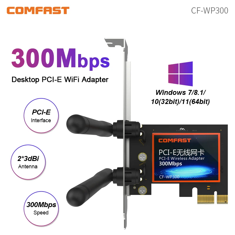 

Comfast 300Mbps High Speed PCI-E Wireless Adapter 802.11n Desktop WiFi Receiver & Transmitter With Antenna for Win7/8/10/11