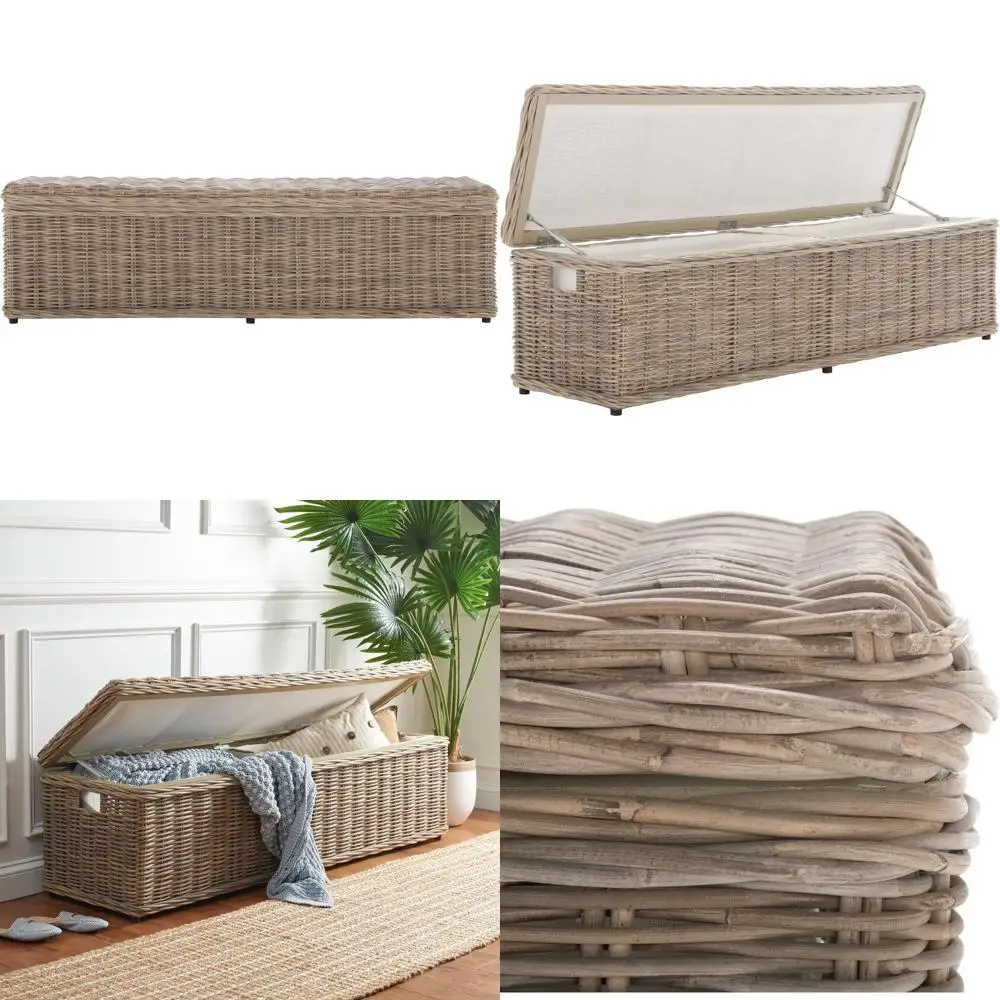 

Natural Wicker Storage Bench with Hinged Lid, Rustic Rattan for Bedroom or Entryway, Fully Assembled