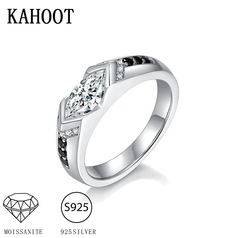 S925 silver marquise rhombus moissanite black and white contrast ring neutral temperament niche high-end hip-hop style couple