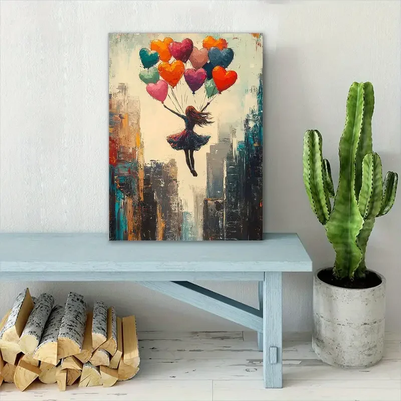 1pc Unframed Canvas Wall Art - Flying with Heart Balloon, Pastel Pink & Turquoise Blue Doodle Painting, Whimsical Decor, Wrapped