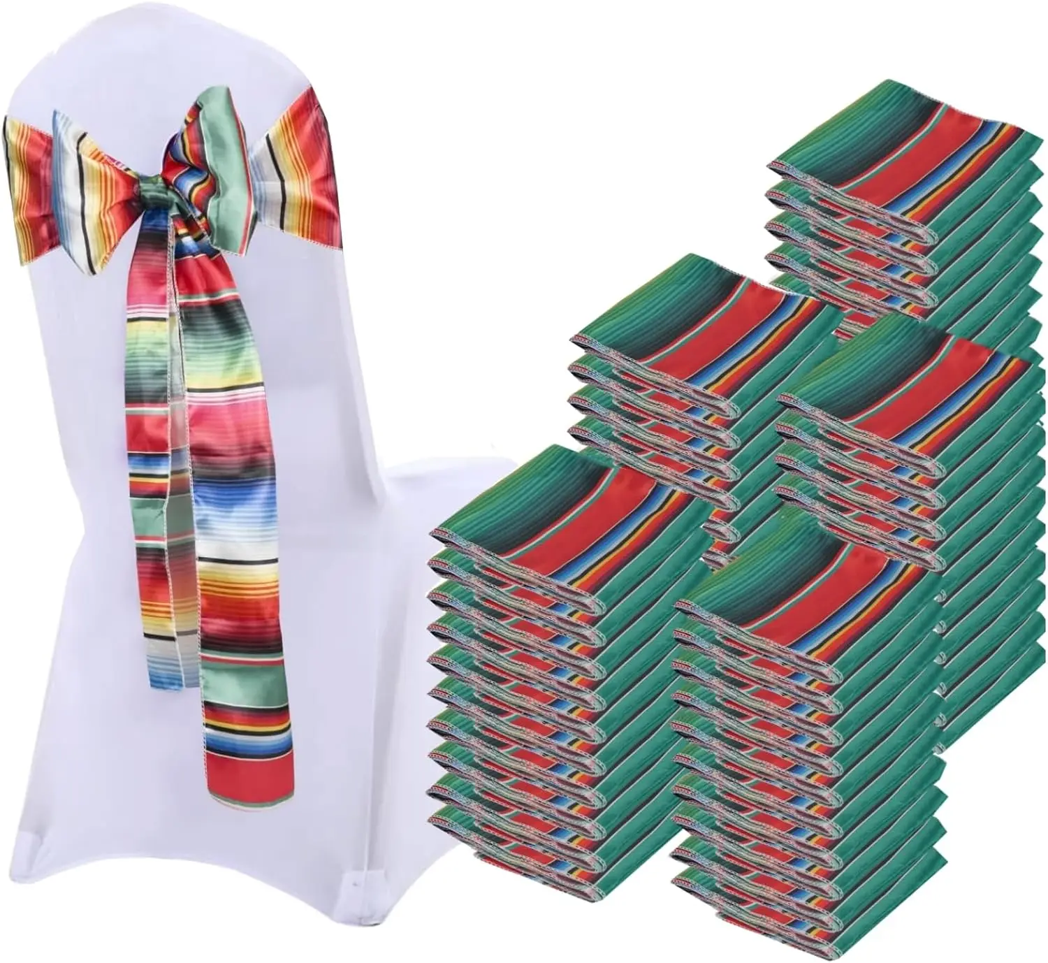 

50Pcs Mexican Theme Satin Chair Sashes Bows, 7X108 Hes Table Runners Cinco De Mayo, Serape Fringe For Fiesta Party Wedding