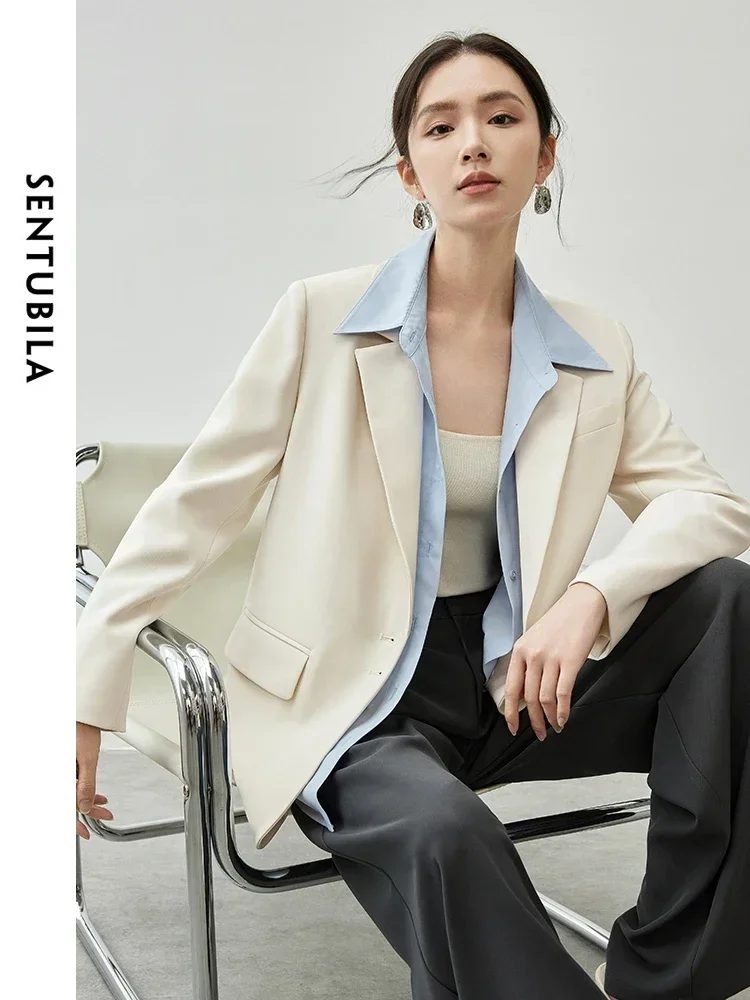 SENTUBILA Padded Shoulder Blazer for Women 2024 Autumn Commute Casual Loose Office Lady Work Business Tailored Coat 143X56552