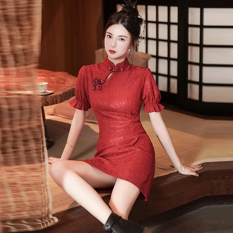 Chinese Style Retro Red Festive Toast Qipao Dress Clothing Summer New Lace Improved Young Short Cheongsam