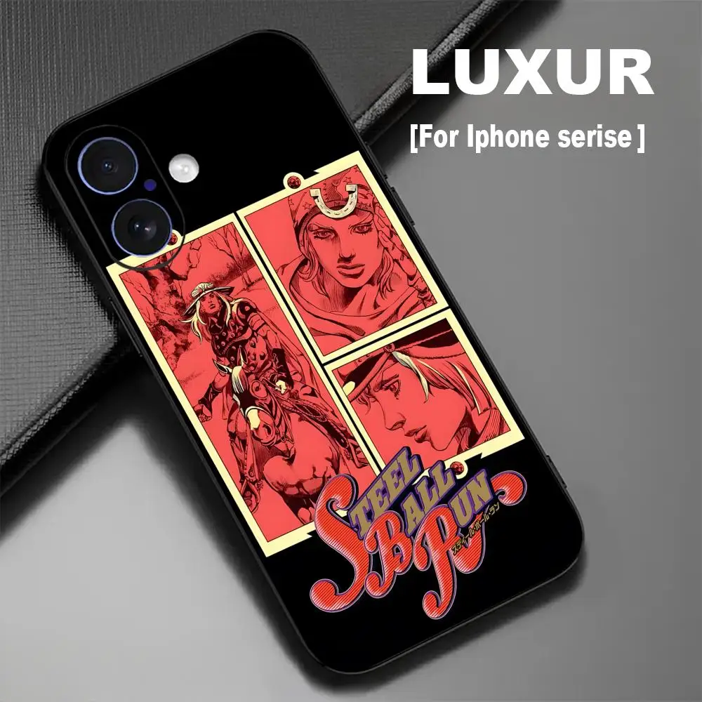 Coque de téléphone Anime Steel Ball Run JOJO pour iPhone 17 16 15 14 13 12 X XR XS 8 Plus Mini Pro Max, Housse souple noire antichoc