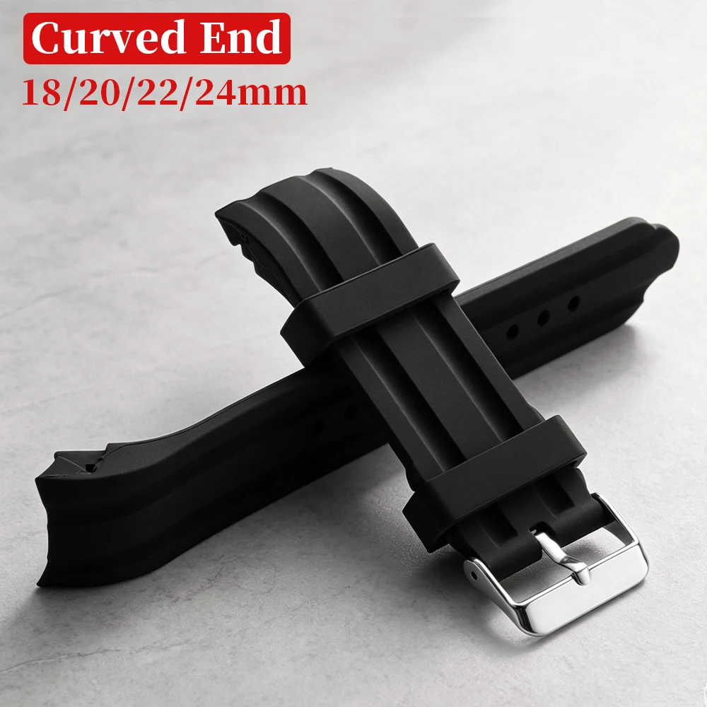 Curved End Silicone Watch Straps Thickened Soft Sports Watch Bracelet Men Women Waterproof Rubber Watch Band 18mm 20mm 22mm 24mm
