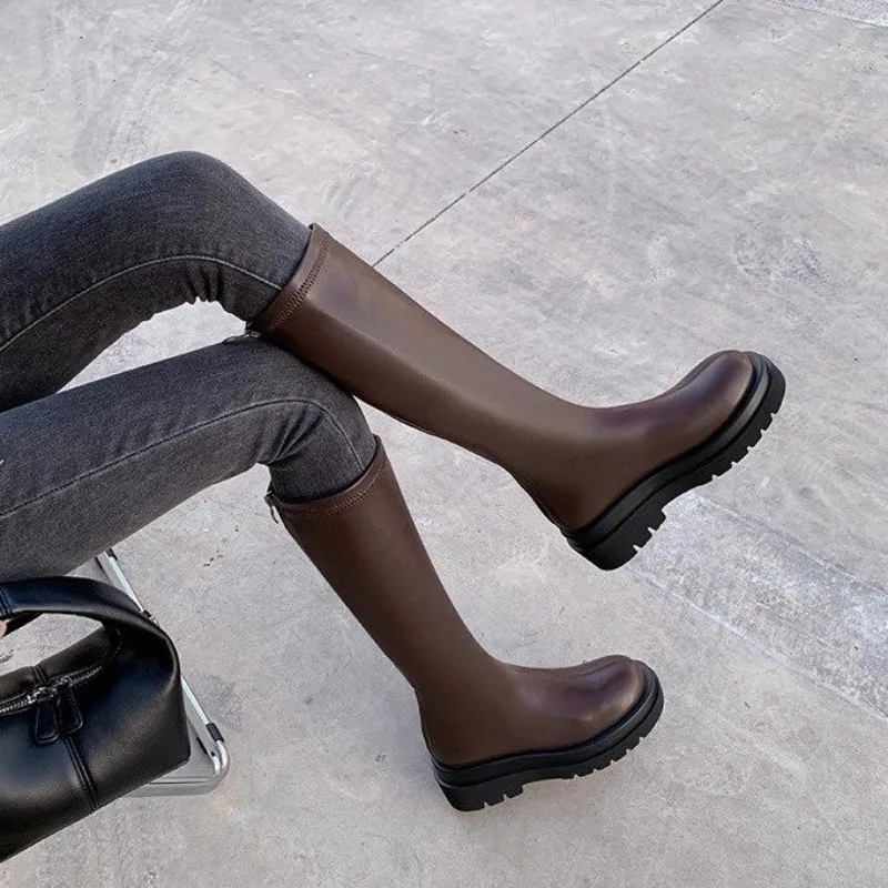 Herbst/Winter Neue Stiefeletten Damen Koreanischer Stil Leder Rundzehenstiefel Halbhohe Stiefel mit Dickem Absatz Hohe Kavallerie-Stiefel – Detail 6