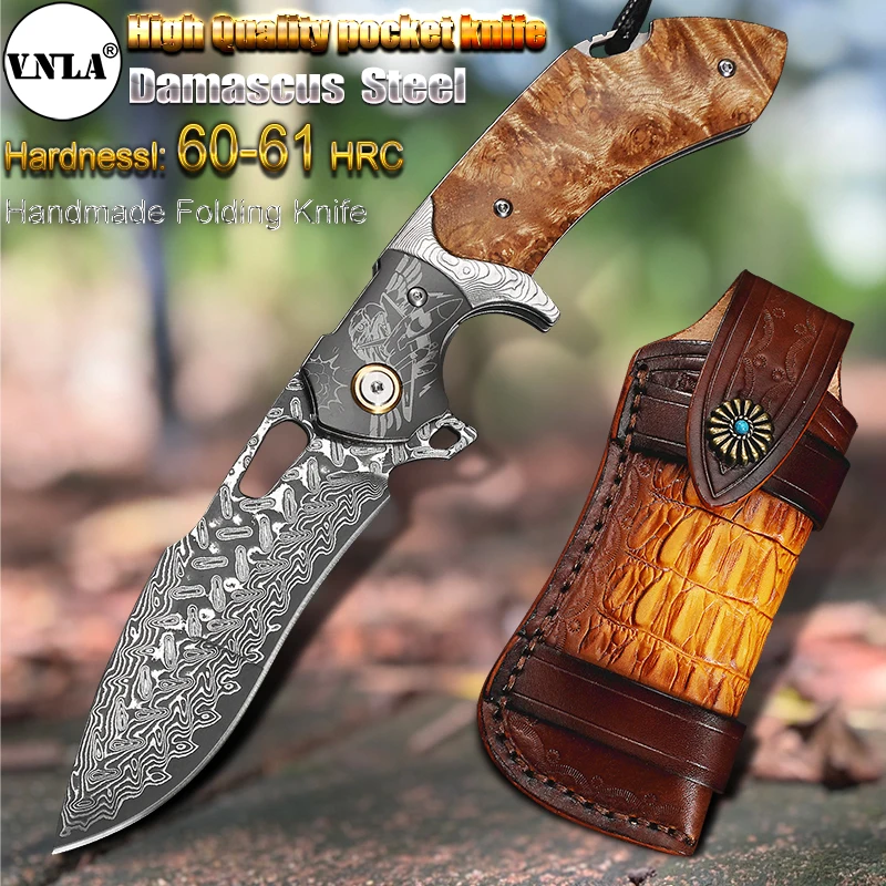 VNLA Handmade Damascus Steel Folding Pocket Knife Kitchen Outdoor Camping Hunting Survival Hiking Portable Multi-Purpose Knife