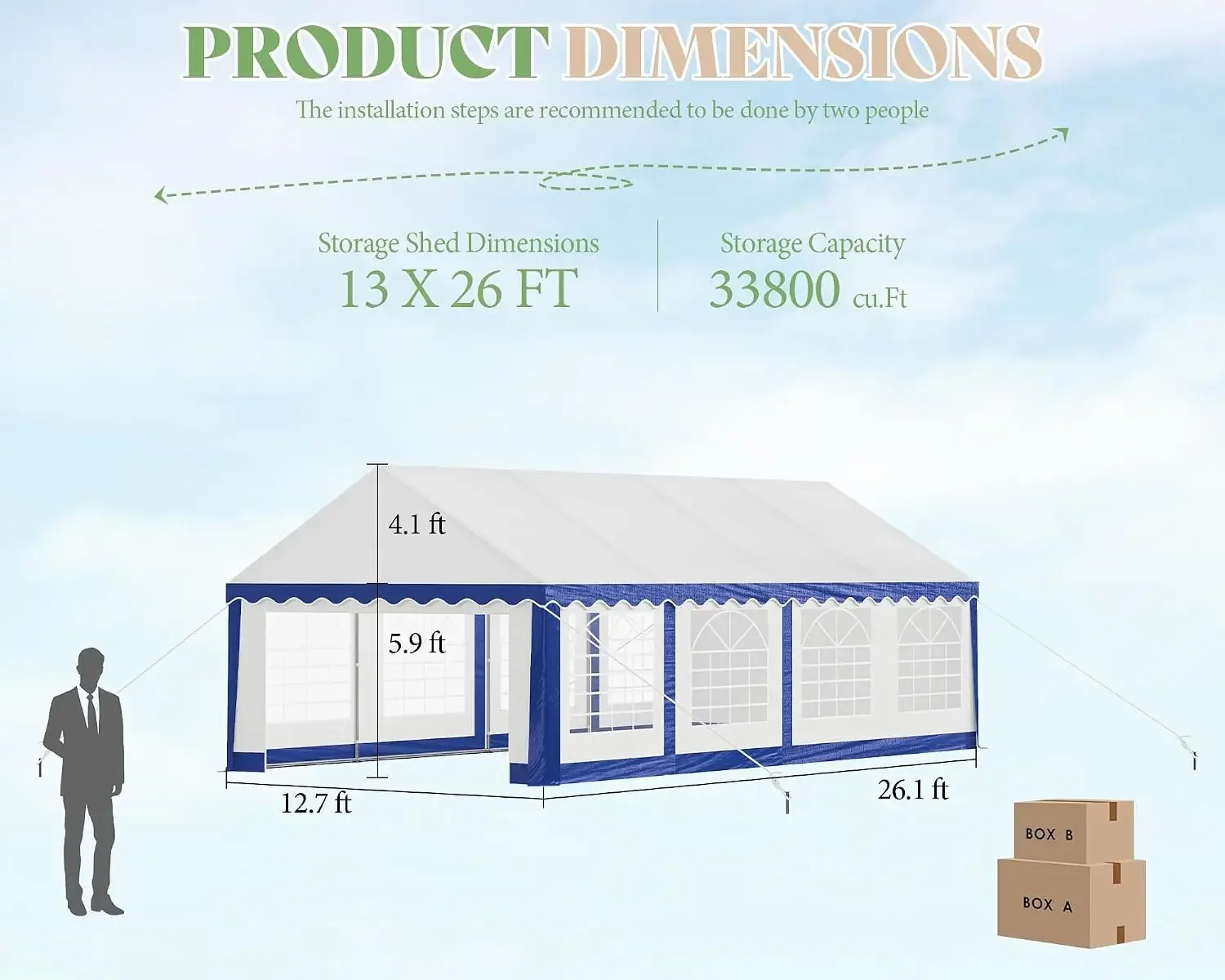 13x26 FT Heavy-Duty Party Tent with Sidewalls, Blue & White, Customized