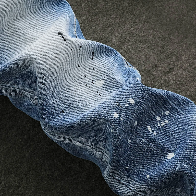 High Street Designer Fashion Men Jeans Retro Light Blue Stretch Slim Fit Painted Ripped Jeans Men Hip Hop Vintage Denim Pants