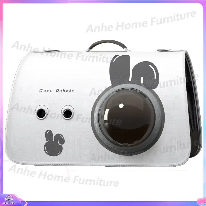 White Cartoon Rabbit Pet Carrier Bag Hard Shell Breathable Cat Travel Backpack with Top Handle Large Transparent Window for