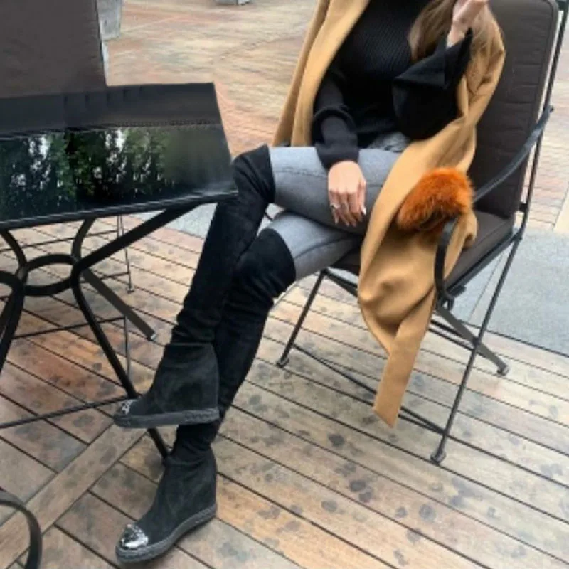 

Black Suede Leather Metal Iron Toe Thigh Boots Height Increasing Inner Wedge Heel Woman Stretch Slip On Over Knee Boots