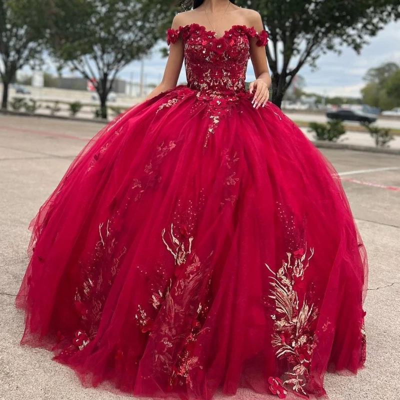 

Роскошные красные платья Quinceanera с открытыми плечами, бусины, Аппликации, цветы ручной работы, бальные платья принцессы, милая 15 праздничная одежда