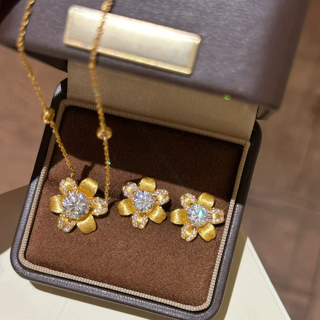 Bijoux rétro de Style français, Design floral, pendentif couleur or, colliers incrustés de Zircon, boucles d'oreilles, ensembles de bijoux pour femmes