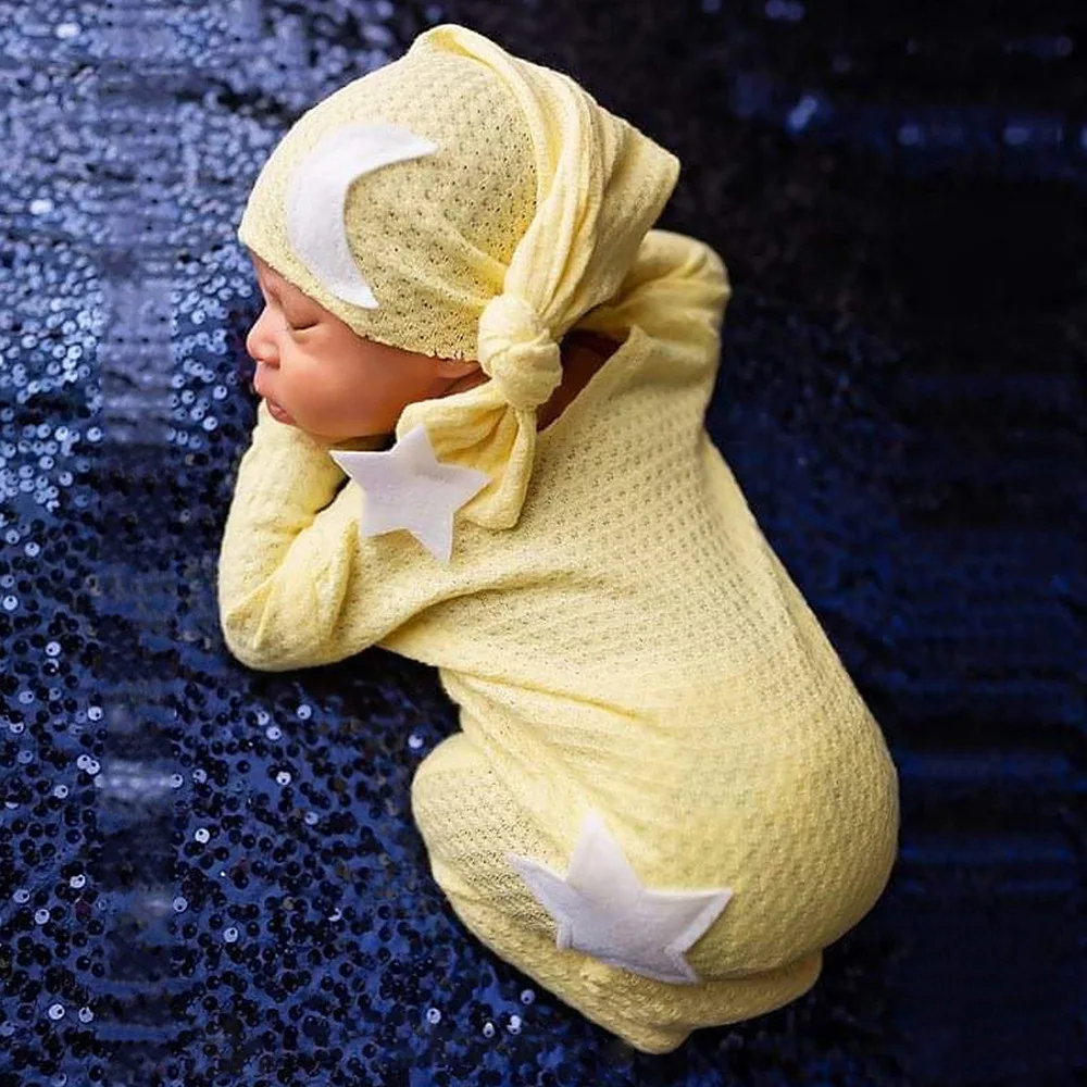Newborn Photography Suit Star Moon Decoration Knitted Jumpsuit Long Tail Hat Pure Cotton Breathable Set Studio Photography Suit