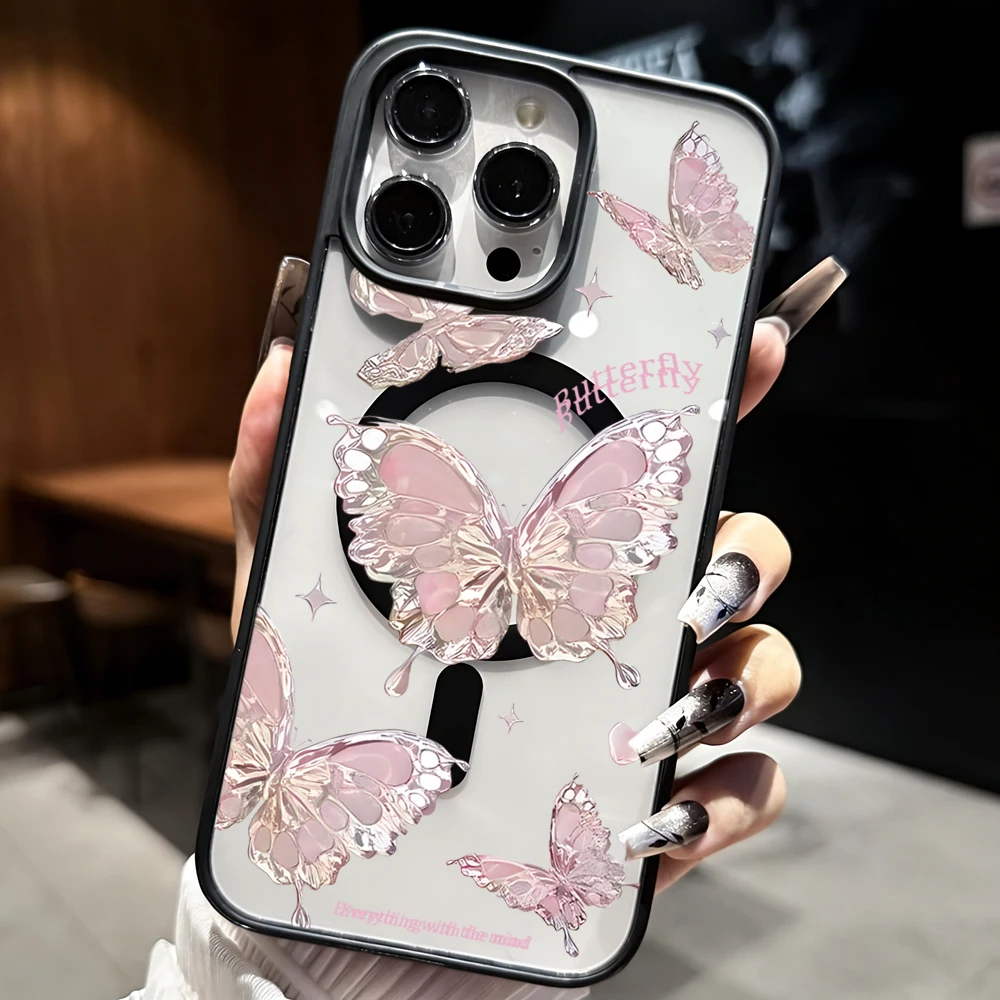 Niedliche Rosa Schmetterling Transparente Hülle für iPhone 17 16 11 15 14 Pro Max 13 12 Plus Hüllen für Magsafe Kabelloses Laden Luxus-Schutzhülle – Detail 6