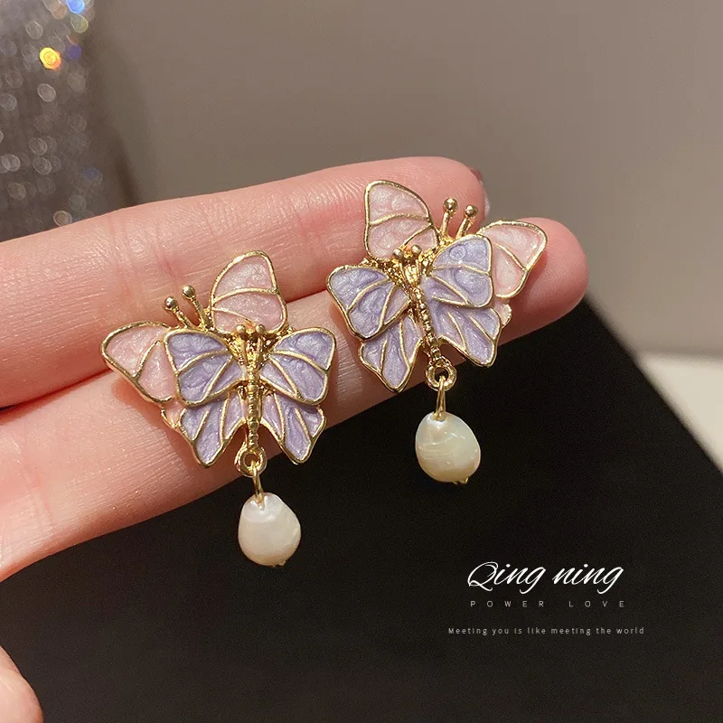 Accessories for Women Pink Lavender Enamel Double Butterfly Dangling Pearl Bead Stud Earrings for Women Wedding Party Jewelry