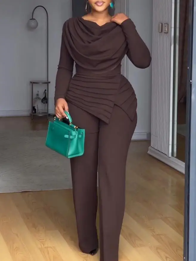 

Jumpsuit Women 2025 New Cowl Neck Asymmetrical Patchwork Ruched Jumpsuit Casual Cinched Waist Zipper Back Straight Leg Jumpsuit