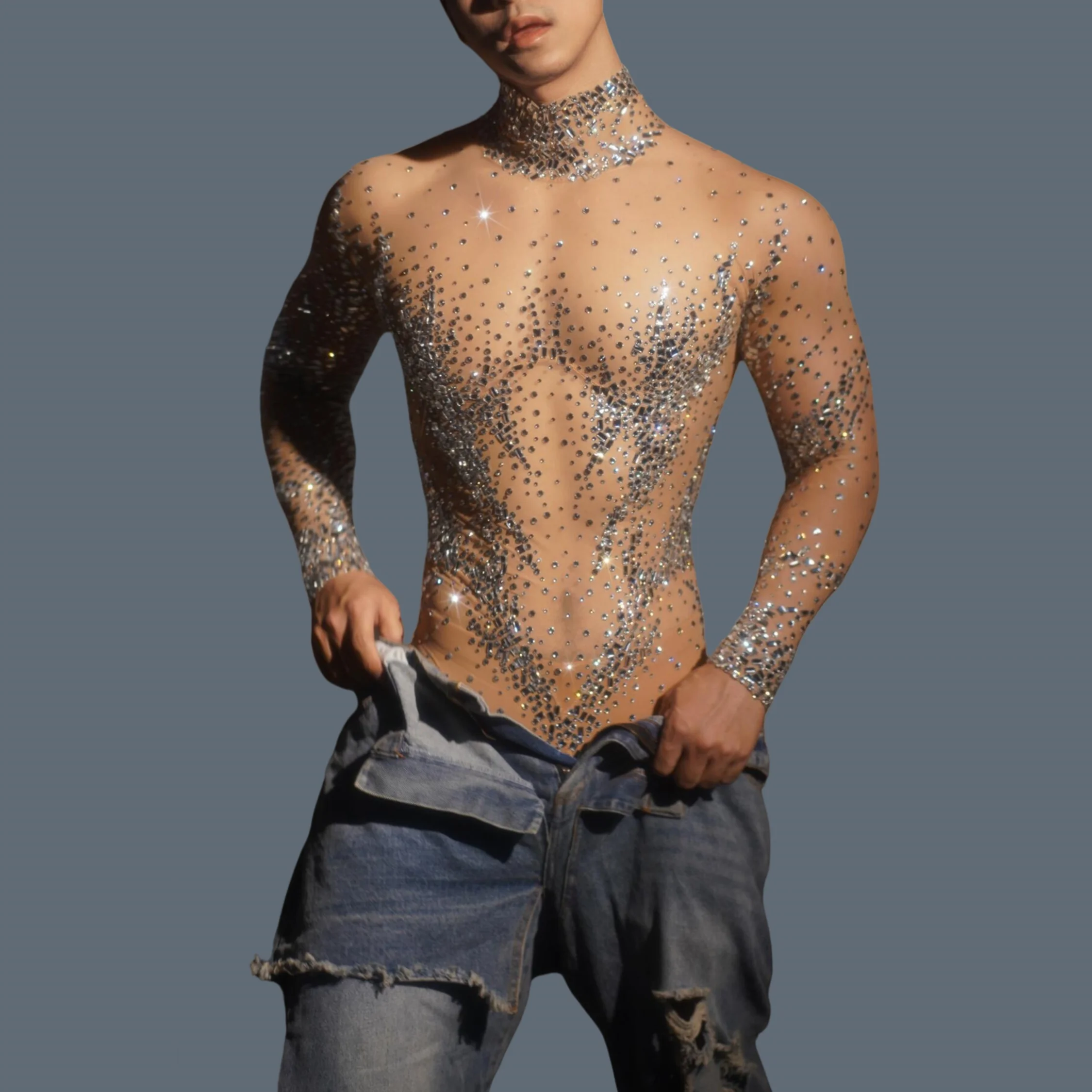 

Luxury Men's Full Rhinestone See Through Wear Jumpsuit Sheer Mesh Bodycon Party Club DJ Sexy Stage Performance Outfit Fengsha