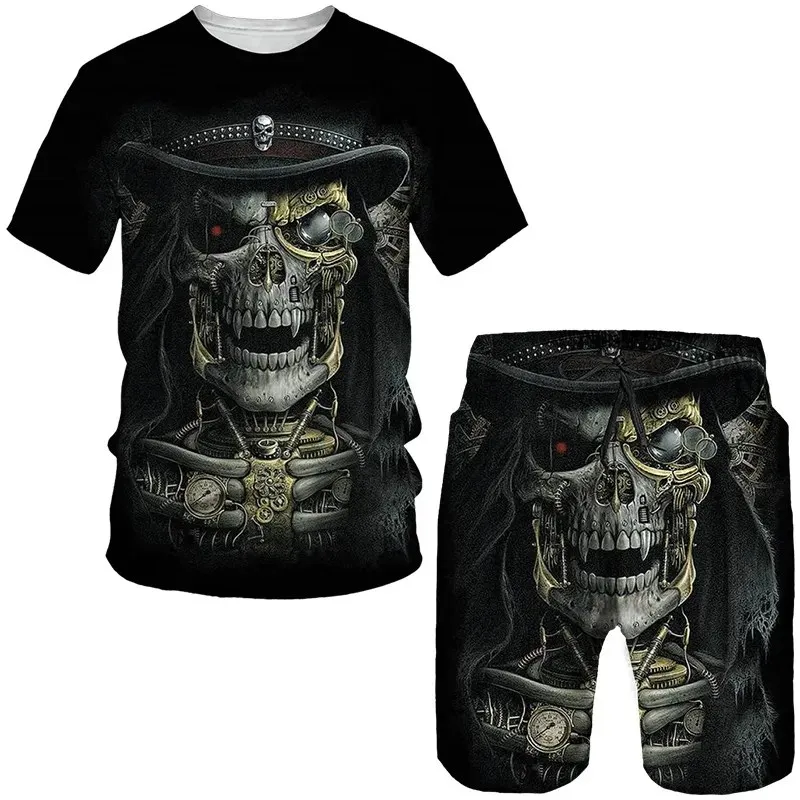 Men\'s Summer Round Neck Skull T-shirt Set 3D Printing Skull Short Sleeve Two-piece set Fashion Leisure Sports Short Sleeve set