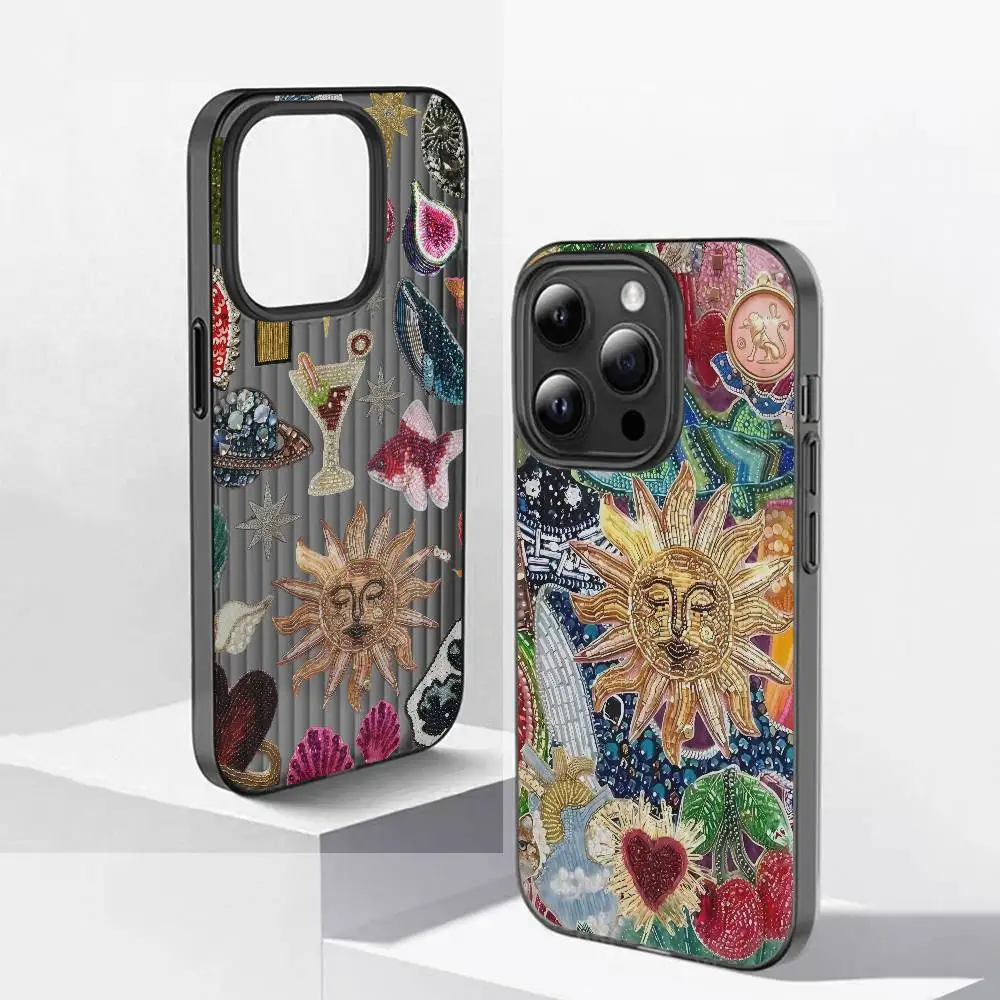 Retro Sun Planet Cocktail Phone Case Corrugated Pattern Phone Case For iPhone 17 Air 16 15 14 13 12 11 Plus Pro Max Matte Cover