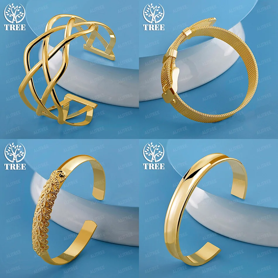 

18k Gold Weaving Watchband Carved Peacock Smooth Round Opening Bangles Women Party Mother's Day Gift Luxury Noble Jewelry