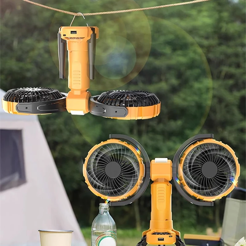 พัดลมแคมป์ปิ้งแบบ Dual Head พร้อมไฟ 360 °   พัดลมตั้งโต๊ะแบบชาร์จ USB หมุนได้ 3 โหมดลม การทํางานที่เงียบเป็นพิเศษสําหรับใช้เต็นท์/เดสก์ท็อป