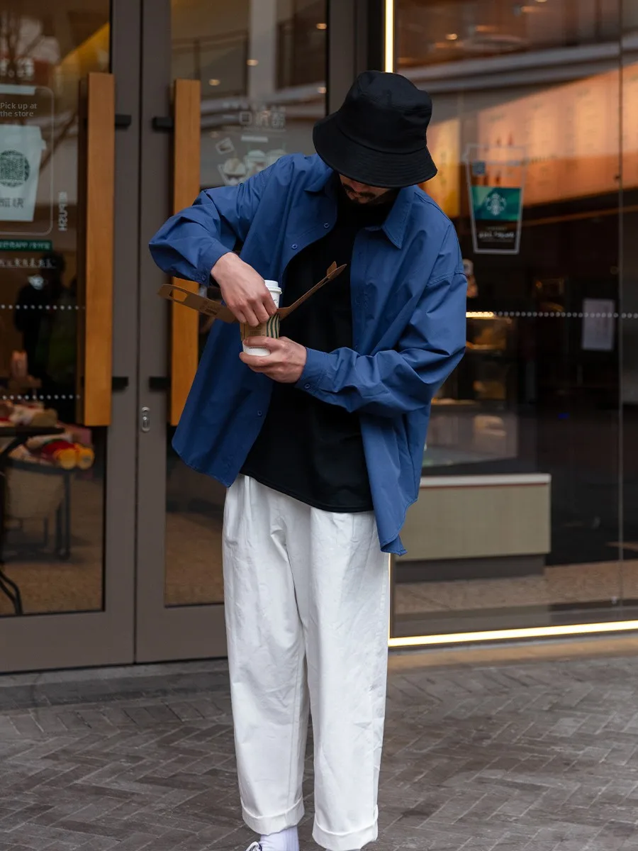 

Noears Vintage Blue Men's Casual Loose Fit Long Sve irt Iron-Free Design Sensation Cold Wind Small ence Top