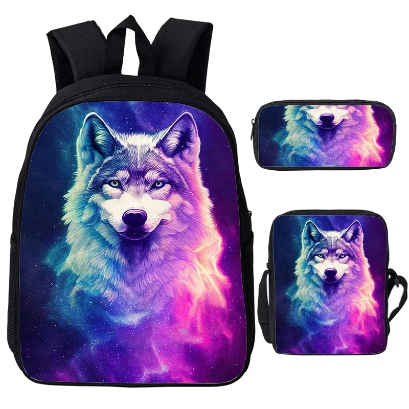 Fantasy Wolf Print Backpack 3pcs Set Children Large Capacity Bookbag Animals Tiger Lion School Bag For Girls Boys Travel Daypack