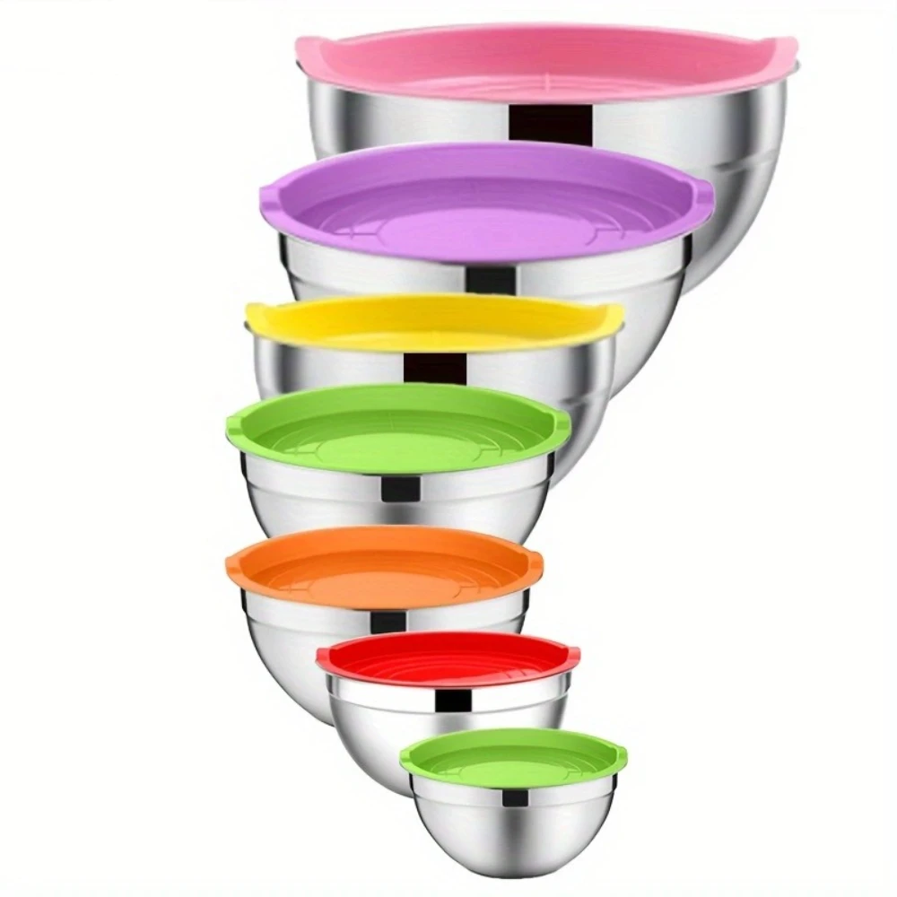 

7Pcs Stainless Steel Mixing Bowls Set with Colorful Silicone Handles Lids - Salad Bowl Baking Prep Basin Kit for Kitchen Cooking