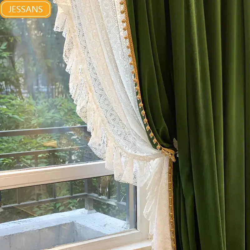 

Retro dark green velvet lace stitching curtains living room bedroom dining room curtains Curtains for Living dining room bedroom