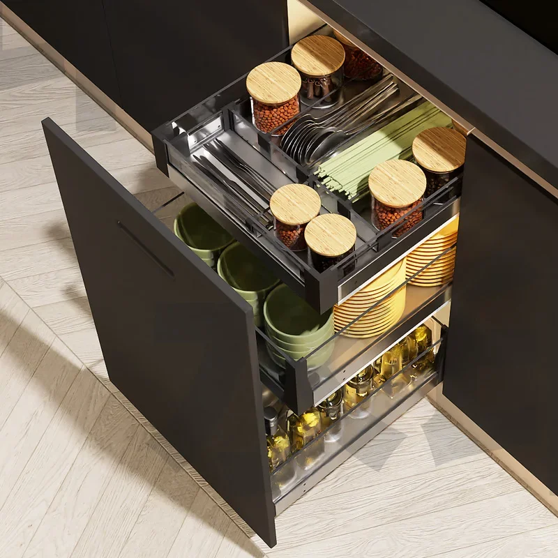 Seasoning pull basket 304 stainless steel kitchen cabinet split three layer drawer tool basket kitchen cabinet storage rack