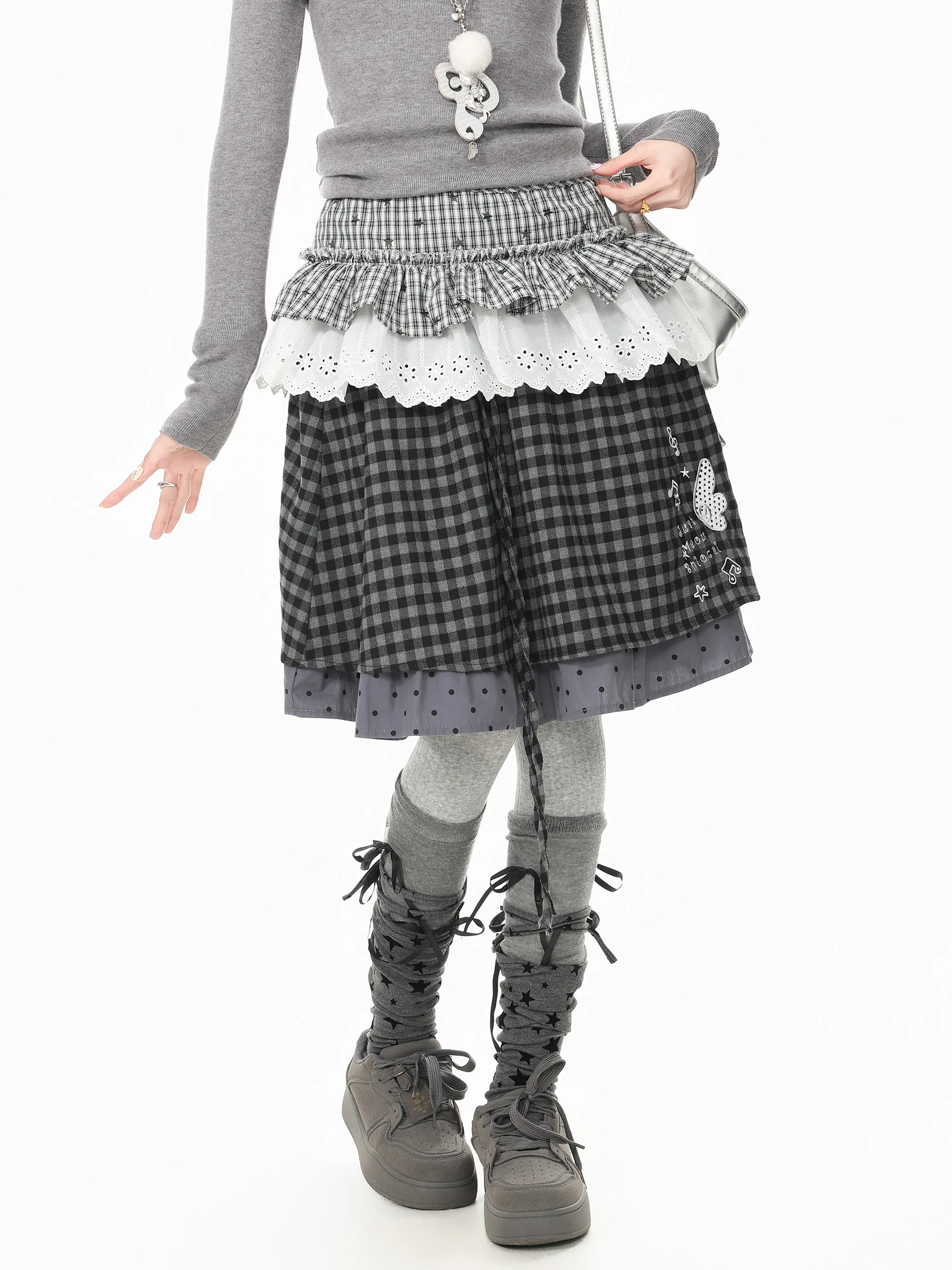 Languid Park Plaid Star Home Cute Lace Curtain Women's Autumn Casual Skirt Outerwear Midi Skirt Standard Fit A-Line Skirt