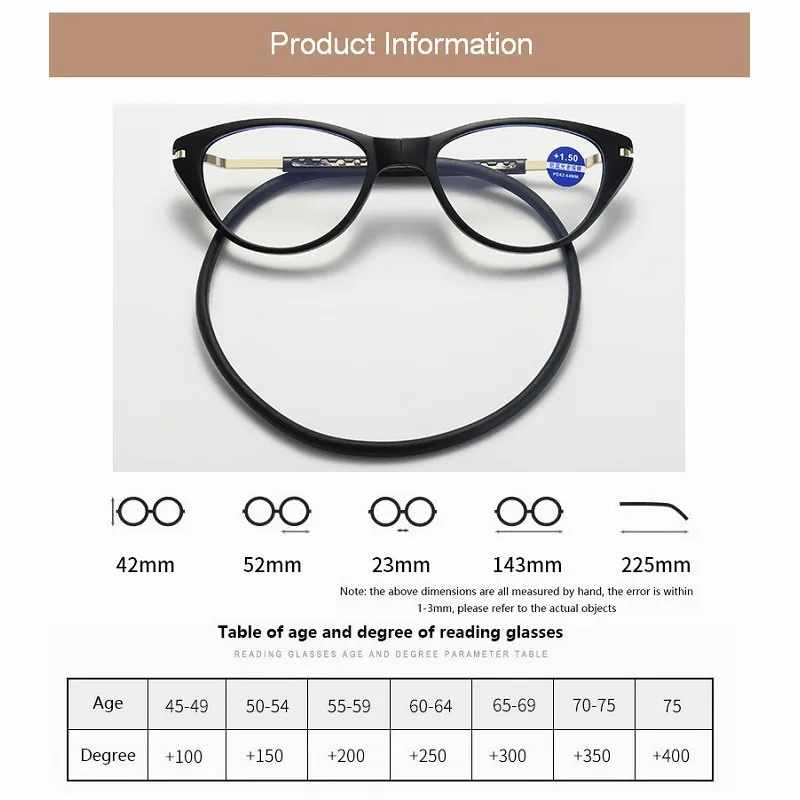 Cat Eyes Magnetic Reading Glasses Hanging Neck Anti-loss Women's Anti-blue Reading glasses  Portable Eyewear +1.0~+4.0