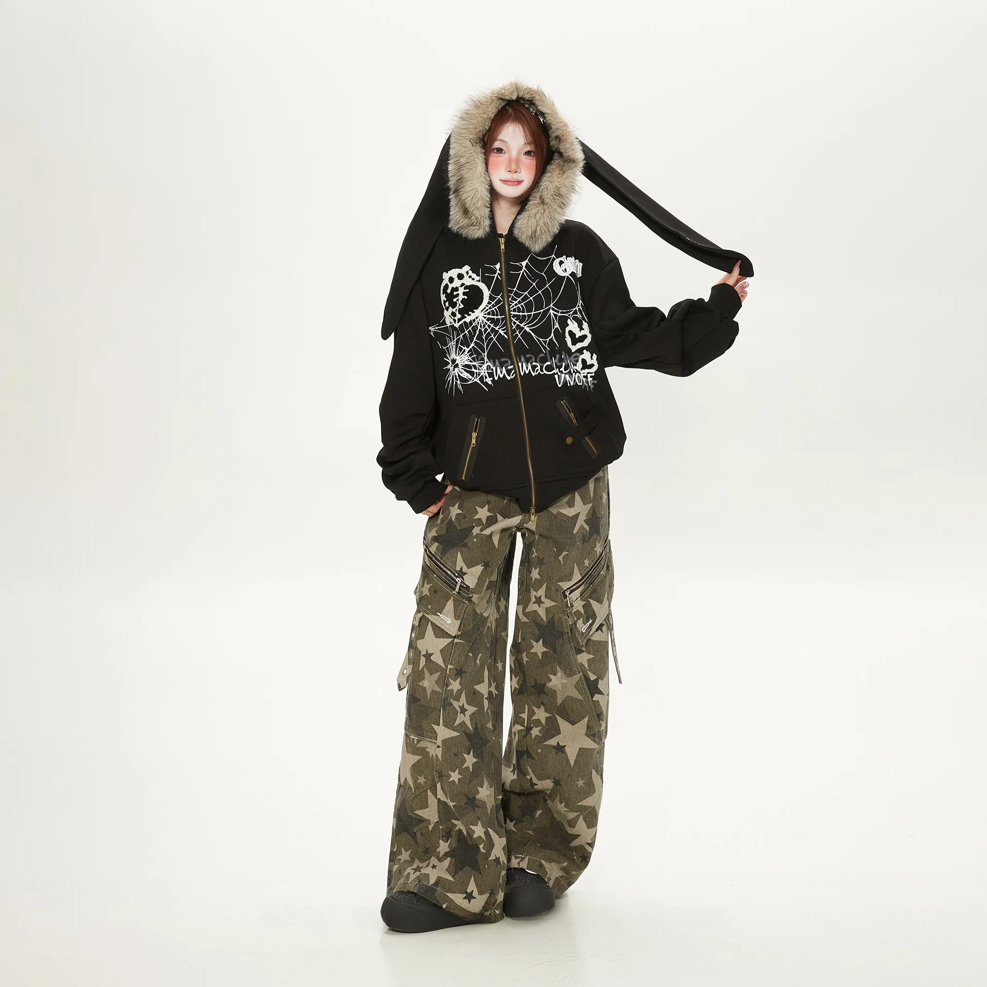 

Повседневная готическая толстовка с капюшоном, тюнет, женская осенне-зимняя модная полотенце с вышивкой и лацканами, открытый кардиган, топ