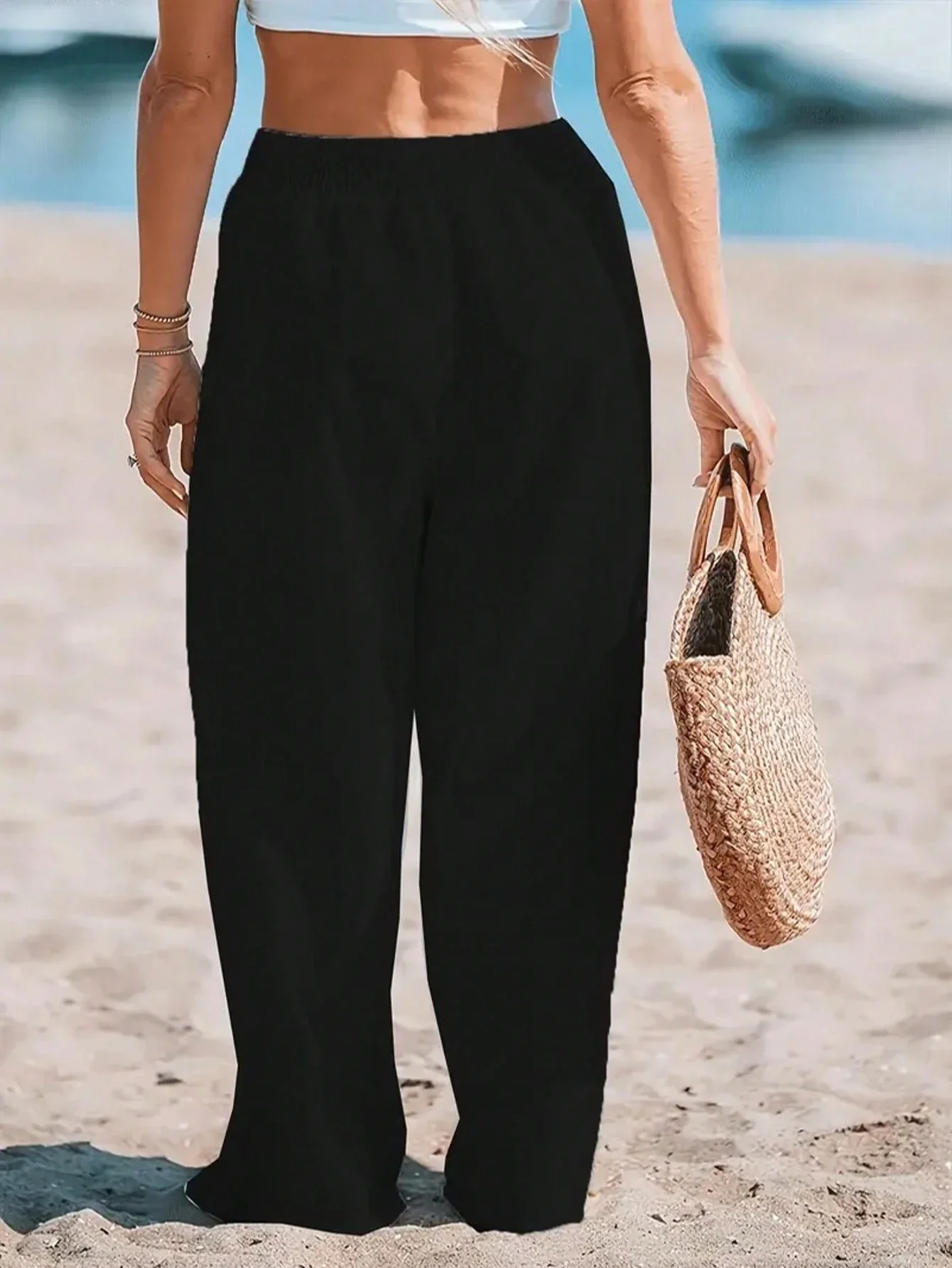 

Женские брюки с высокой талией, свободные, широкие, легкие, дышащие, однотонные, в богемном стиле