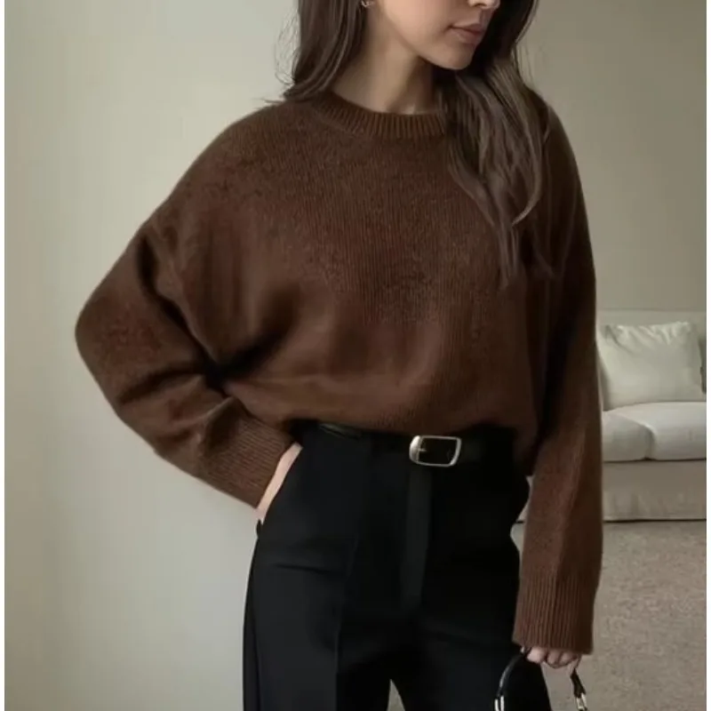 Women O Neck Oversized Knit Sweater Autumn Winter Thick Soft Loose Short Knitted Pullover Casual Warm Tops
