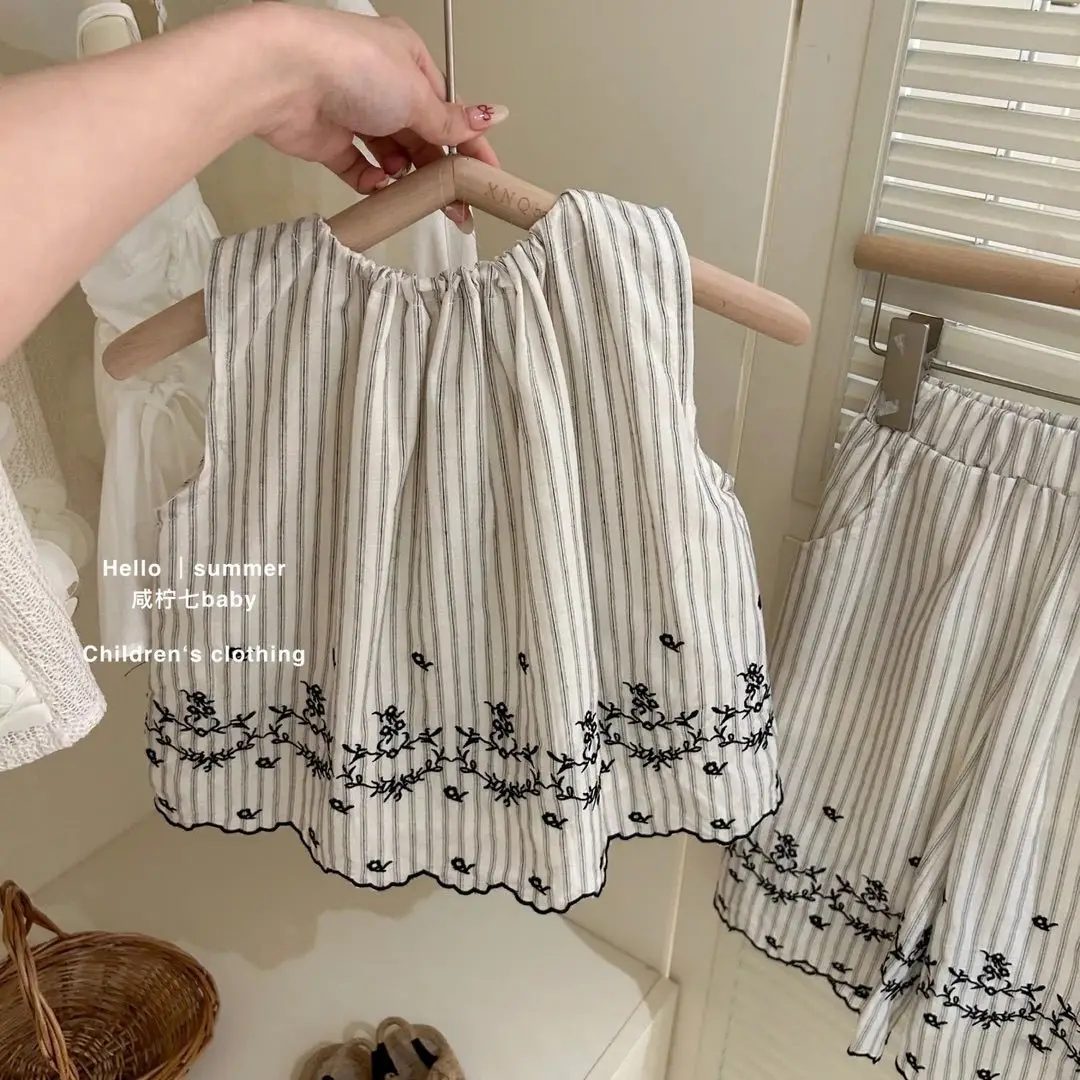 الفتيات الدانتيل المطرزة دمية قميص مجموعة طفل 2025 صيف جديد سترة أنيقة تحمل شعار لعبة البيسبول الأطفال السراويل قطعتين مجموعة #5