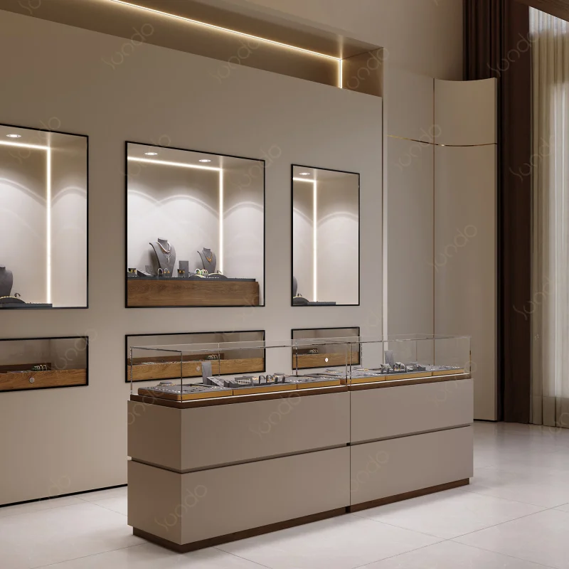 custom.Customized Boutique Jewelry Display Counter and Wall Cabinet Elegant Matte Jewelry Display Luxury Showroo