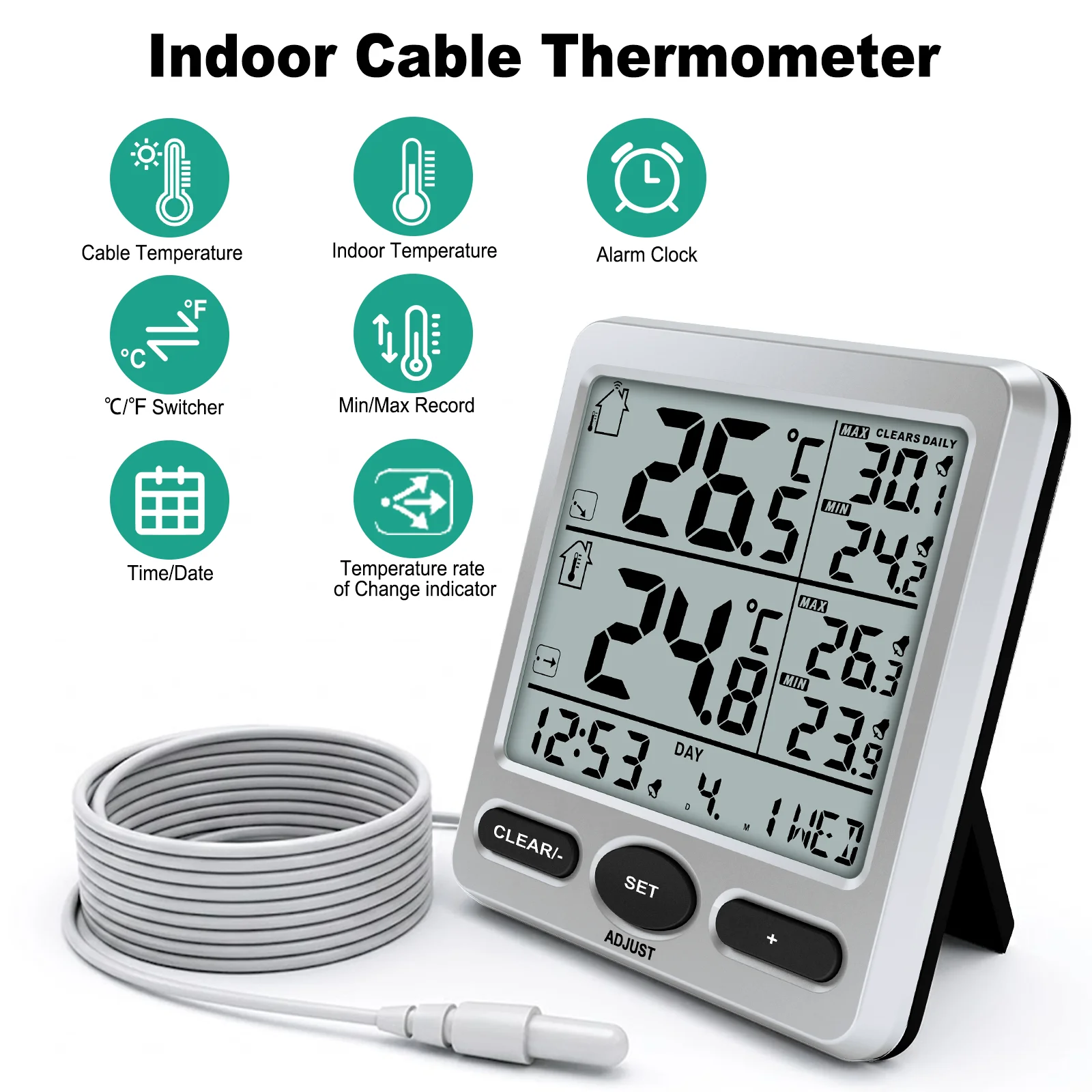 Indoor Outdoor Wired Thermometer with Clock Alarm LCD Max Min Memory Display Home Fridge Cable Probe Thermometer