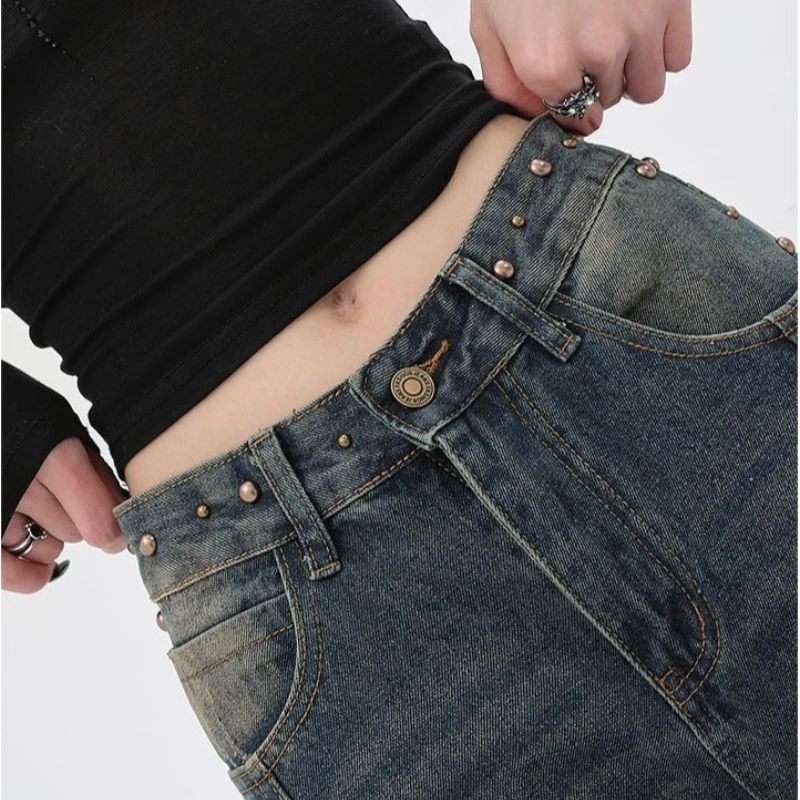 Oryginalne jeansy Retro Wash To Do Old Design Sense Rivet Jeans Loose Straight Leg Drop Wide Pants New Small High Waisted Baggy Jeans