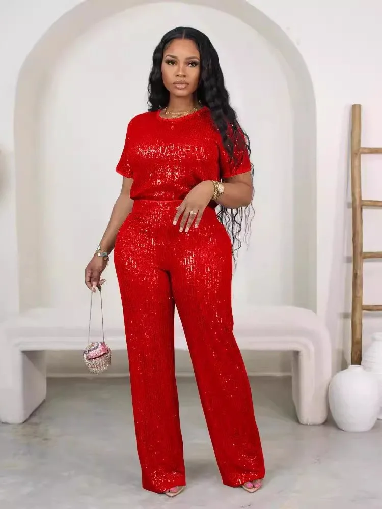 Pantaloni lunghi da donna con paillettes ort Sve Set Bright iny Pantaloni casual a gamba dritta a vita media bassa in tessuto PVC Colore puro